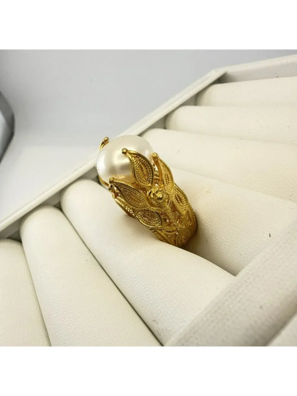 JTV Ring Pearl Sterling Silver 925 Gold Vermeil size 7 Elaborate Fancy Leaf Vine